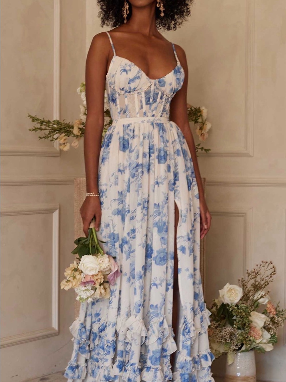 V. Chapman Cream and Blue Floral Spaghetti-Strap Maxi Dress with Ruffled Hem